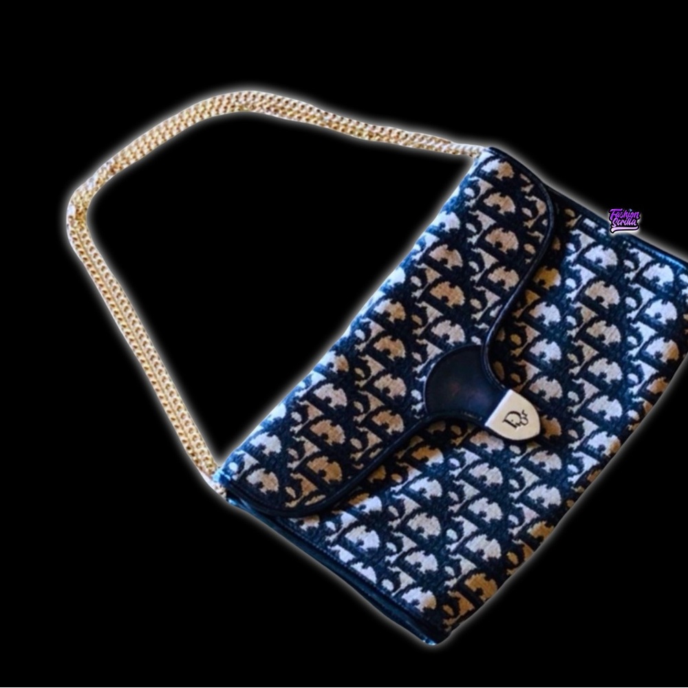 Vintage Christian Dior Blue Gold & Black 70’s Oblique Jacquard Logo Flap bag - Picture 10 of 16